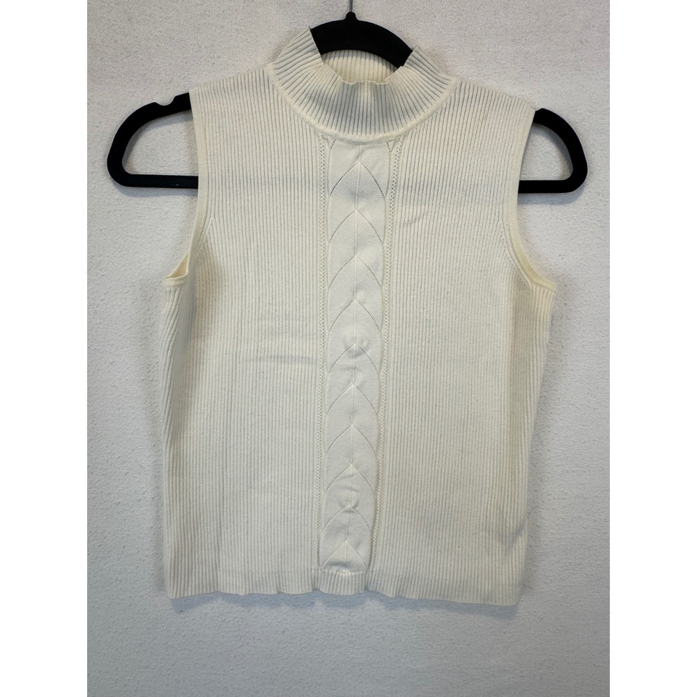 R.Q.T. Petite Sweater Shell Cream Cable Knit Mock Neck Sleeveless Ribbed Top